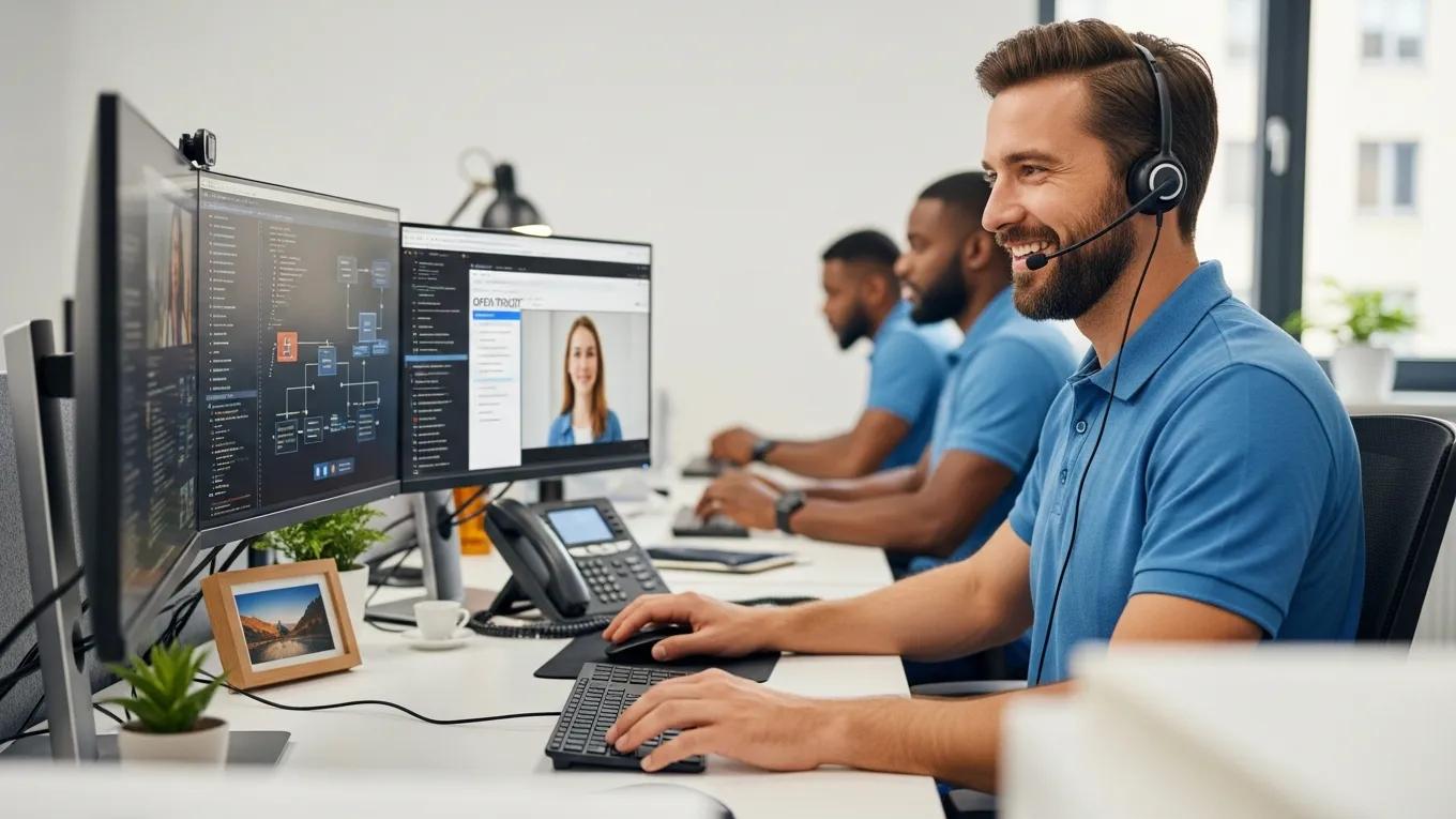 IT support technician providing assistance to small business employee