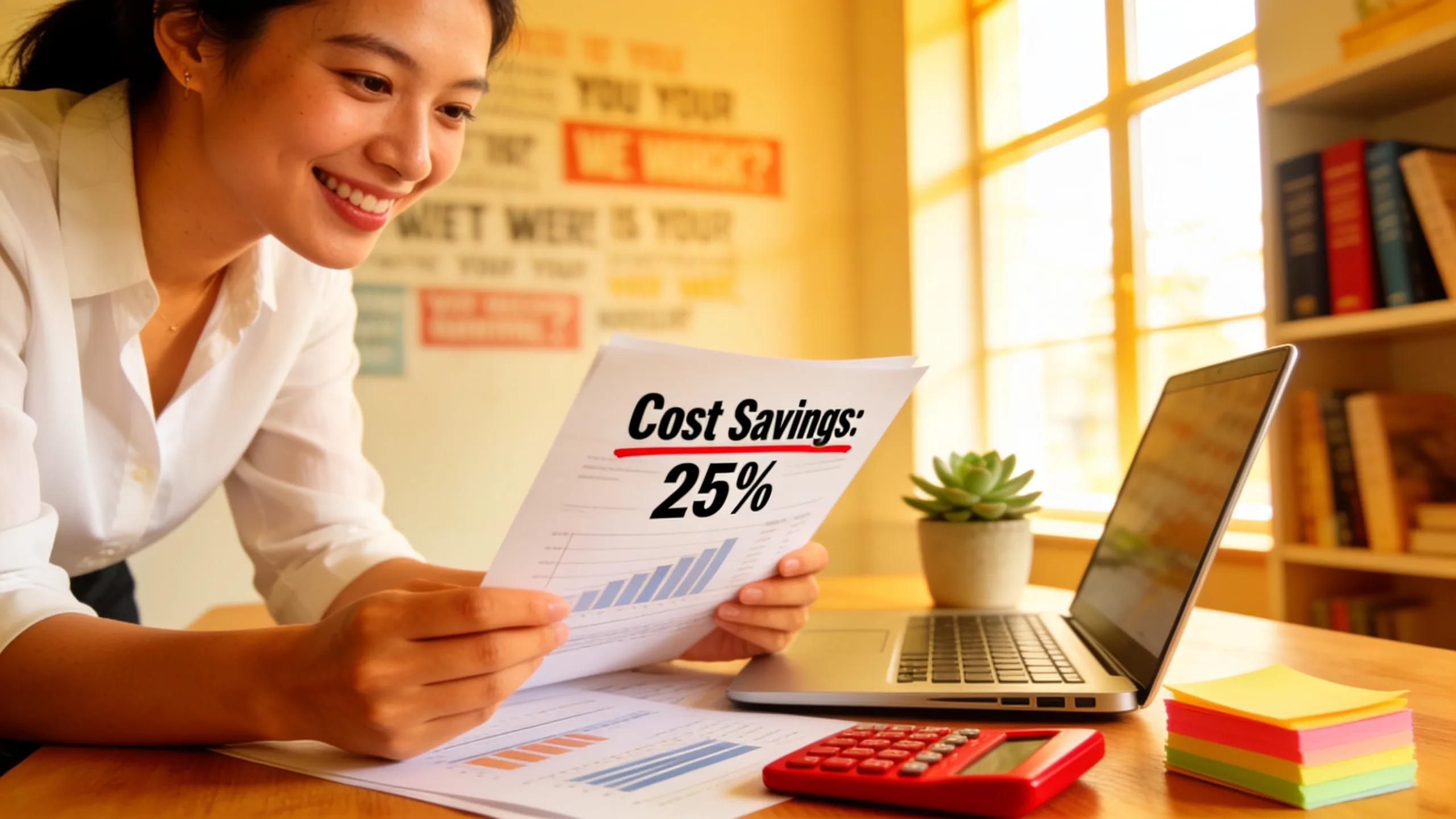 Business owner analyzing cost-saving strategies with financial documents and a laptop in a bright office space