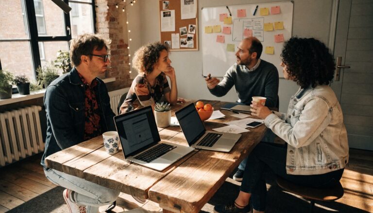 Small business team brainstorming on outsourced IT management solutions in a collaborative office environment
