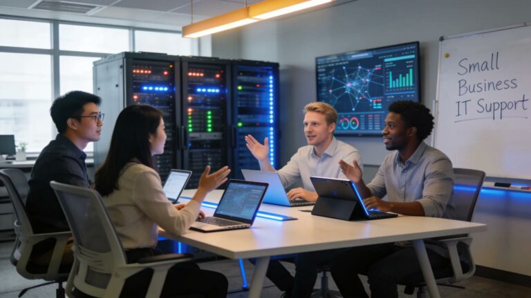 Small business IT support team collaborating on technology solutions