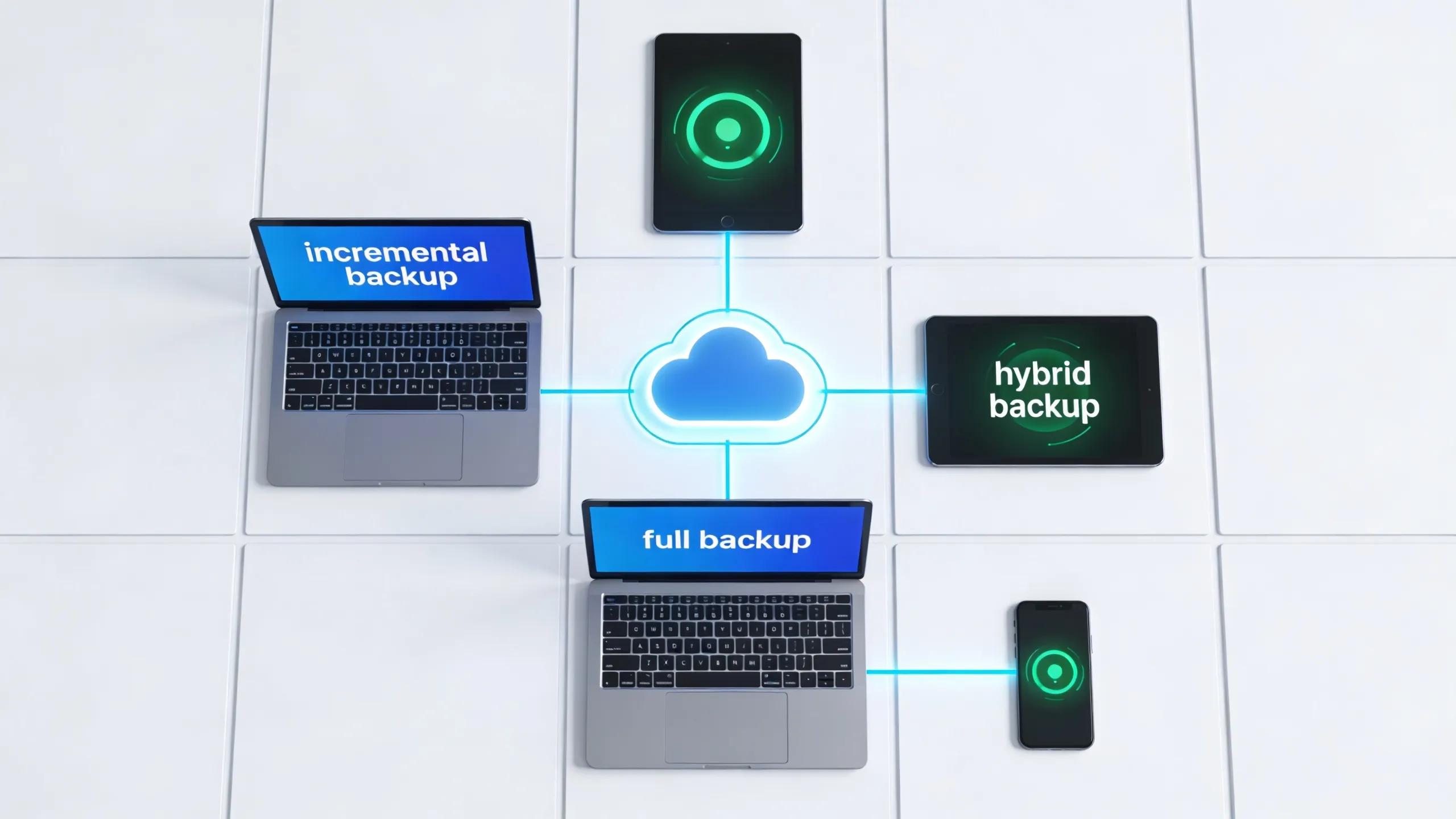 Tech workspace illustrating different types of cloud backup solutions
