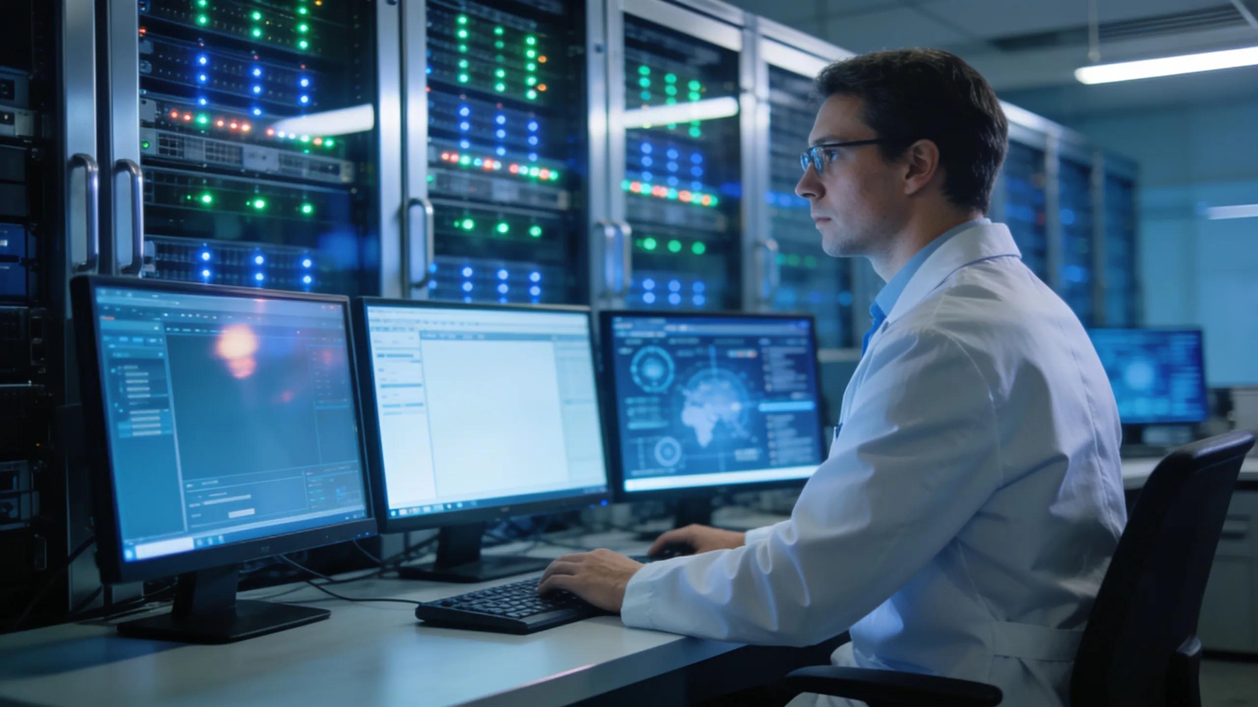 Modern server room highlighting cybersecurity measures with advanced technology and equipment for data protection