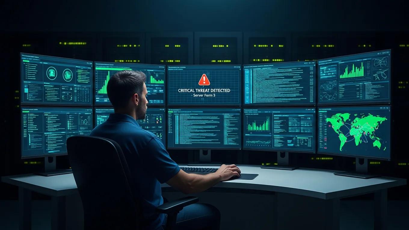 Cybersecurity analyst monitoring network security in a server room