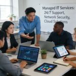 Team collaborating in a tech-savvy office, emphasizing managed IT services