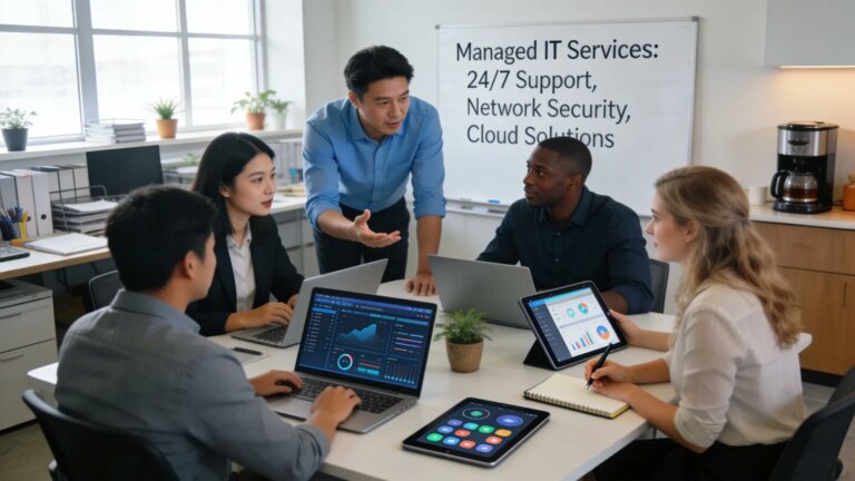 Team collaborating in a tech-savvy office, emphasizing managed IT services