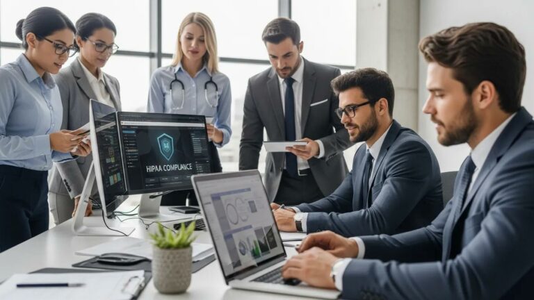 Group of professionals discussing HIPAA compliant IT support in a modern office