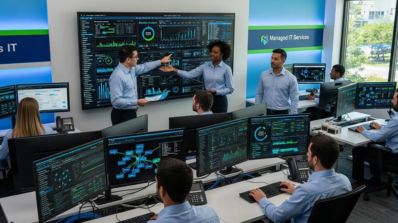 IT support team monitoring systems for HIPAA compliance in a modern tech center