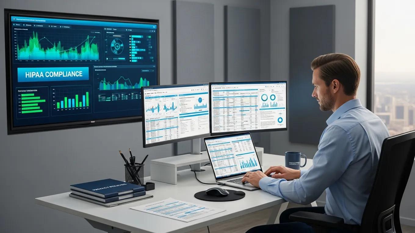 Professional performing a HIPAA risk assessment in a modern workspace