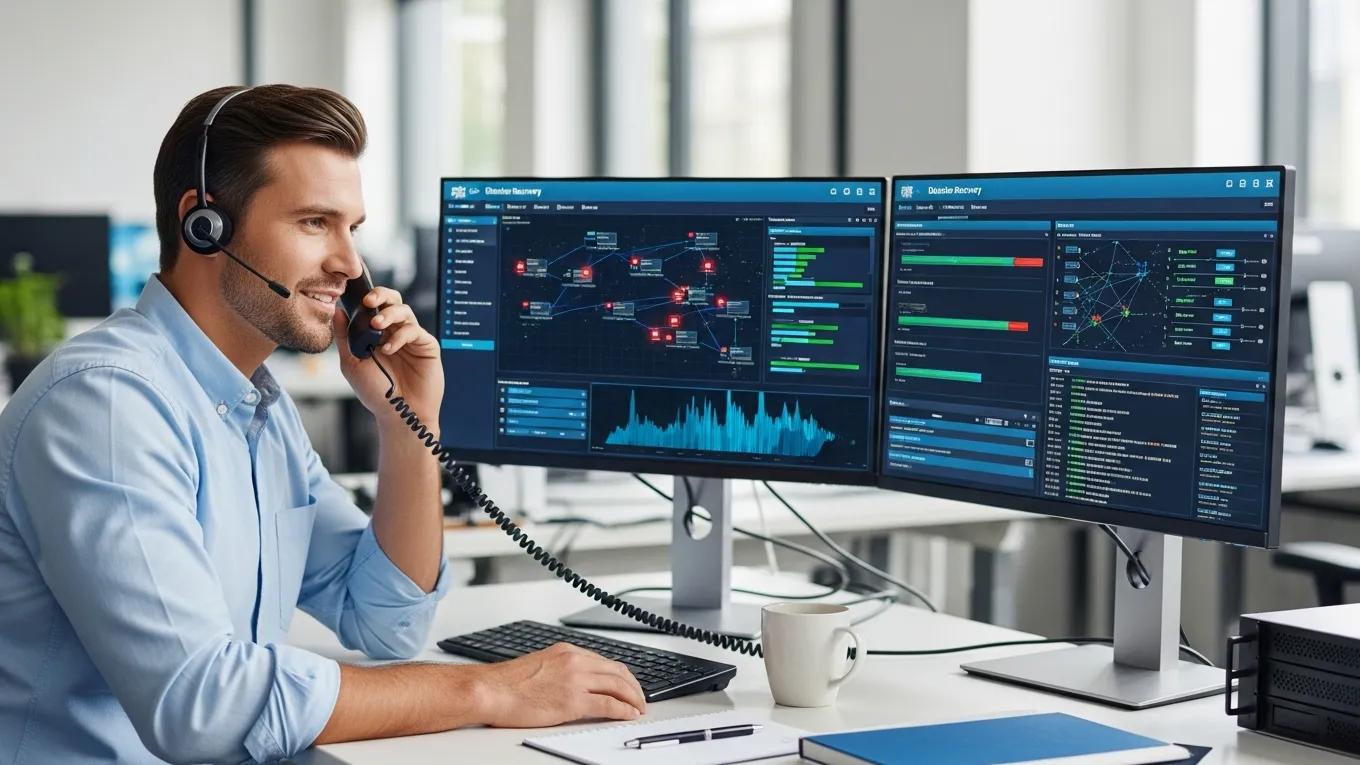 Technician assisting small business owner with managed IT disaster recovery services