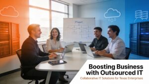 Small Texas business team collaborating on IT solutions to enhance operational efficiency