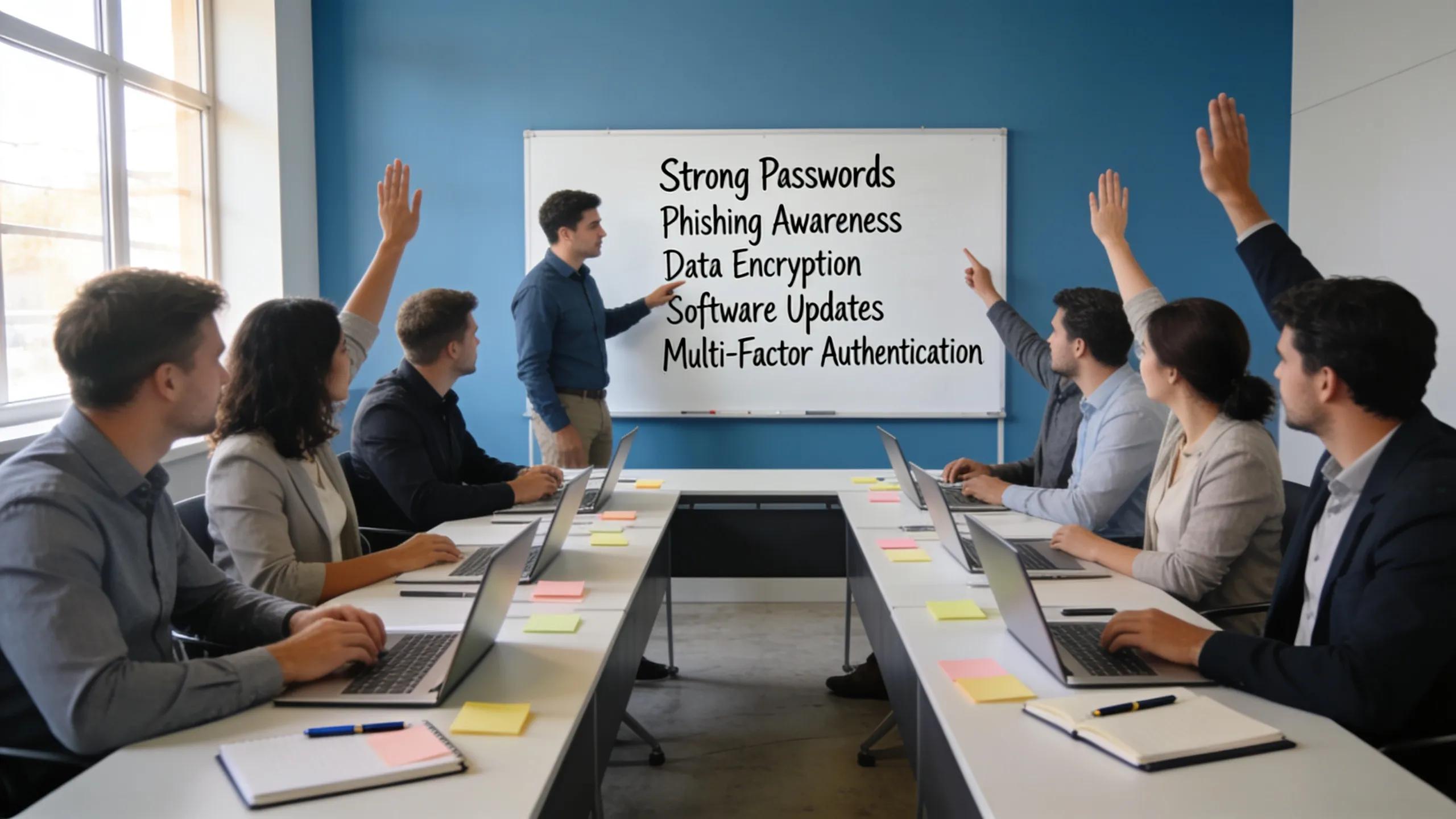 Employees participating in a cybersecurity training workshop focused on best practices for SMBs