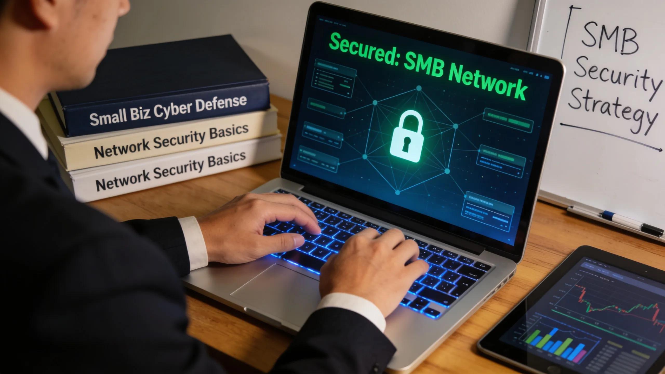 Business professional analyzing network security strategies on a laptop in a secure workspace