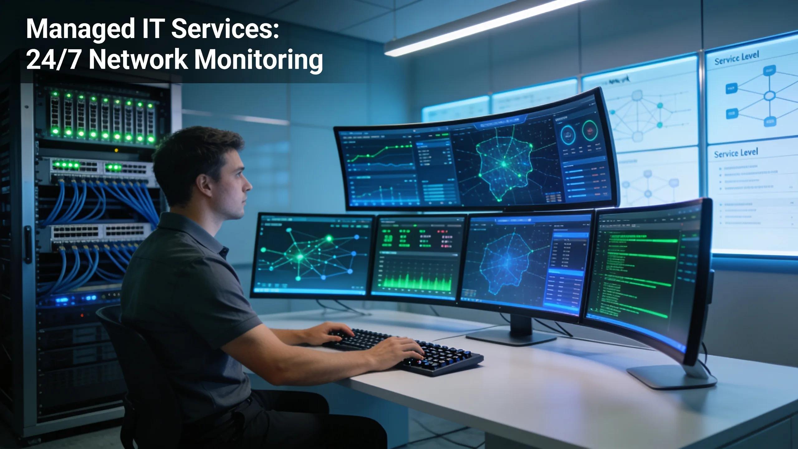 Technician managing IT services in a modern workspace, reinforcing essential offerings for SMBs
