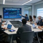 Group of professionals discussing managed cybersecurity solutions in a modern office setting