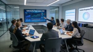 Group of professionals discussing managed cybersecurity solutions in a modern office setting