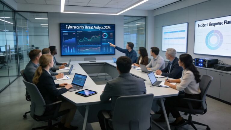 Group of professionals discussing managed cybersecurity solutions in a modern office setting