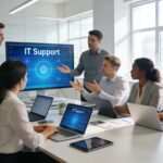 IT professionals discussing managed IT support services in a modern office setting