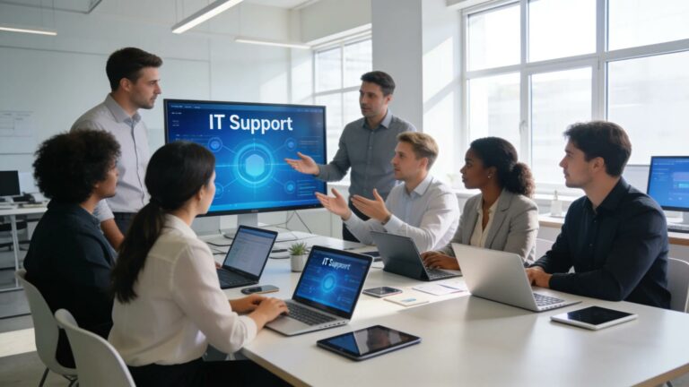 IT professionals discussing managed IT support services in a modern office setting